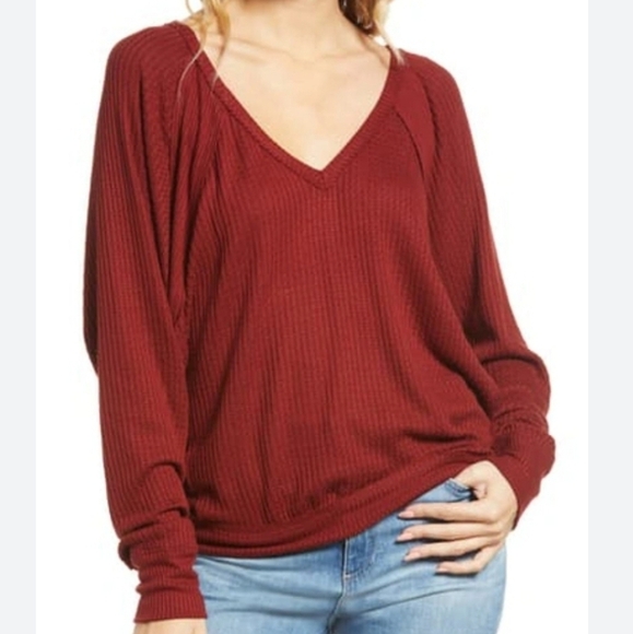 Free People Boho Waffle Knit V-Neck Oversized Top Size Large - Picture 1 of 8